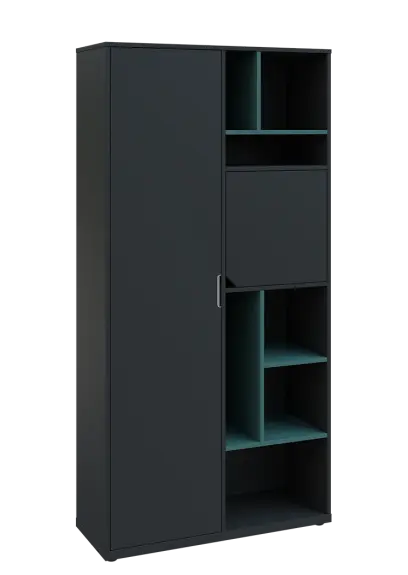 KSR6-83 L skříň šatní, 1x výsuvné ramínko, dvířka, niky, 2053x1022x400 mm, provedení levé, korpus a dvířka antracit/police světle petrolejová